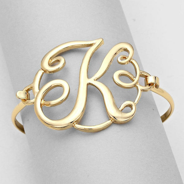 Monogram Bracelet Hinge Bangle Initial Curlique Script Letters 1.75" SILVER GOLD - PalmTreeSky