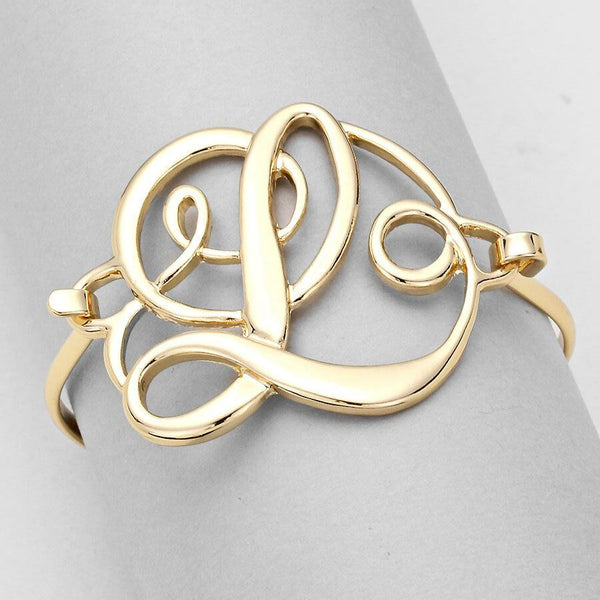 Monogram Bracelet Hinge Bangle Initial Curlique Script Letters 1.75" SILVER GOLD - PalmTreeSky