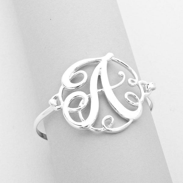 Monogram Bracelet Hinge Bangle Initial Curlique Script Letters 1.75" SILVER GOLD - PalmTreeSky