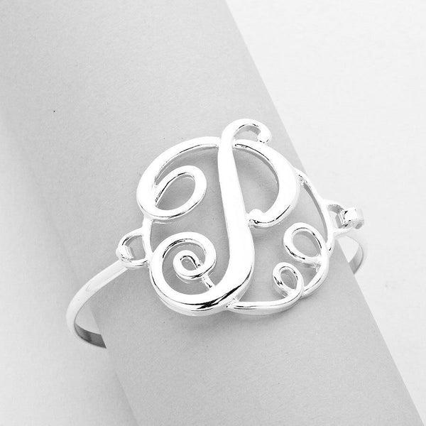 Monogram Bracelet Hinge Bangle Initial Curlique Script Letters 1.75" SILVER GOLD - PalmTreeSky