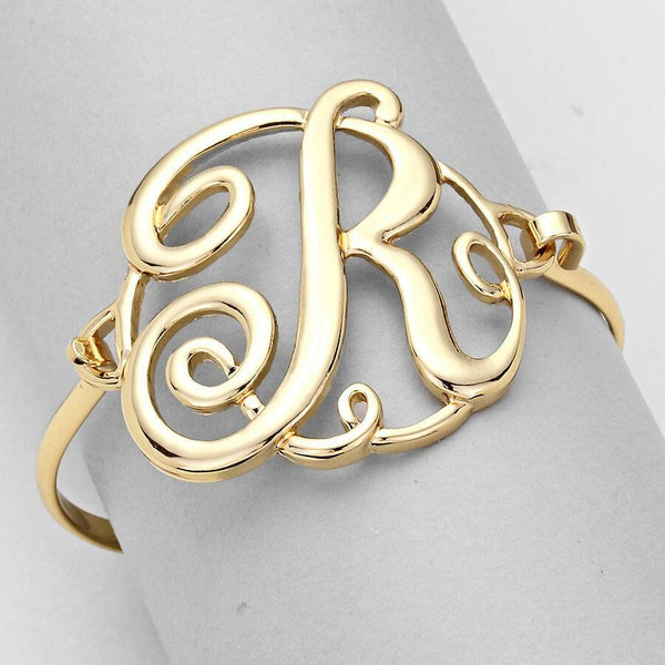 Monogram Bracelet Hinge Bangle Initial Curlique Script Letters 1.75" SILVER GOLD - PalmTreeSky