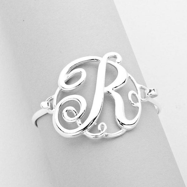 Monogram Bracelet Hinge Bangle Initial Curlique Script Letters 1.75" SILVER GOLD - PalmTreeSky