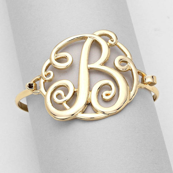 Monogram Bracelet Hinge Bangle Initial Curlique Script Letters 1.75" SILVER GOLD - PalmTreeSky