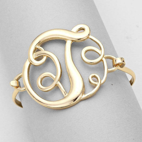 Monogram Bracelet Hinge Bangle Initial Curlique Script Letters 1.75" SILVER GOLD - PalmTreeSky