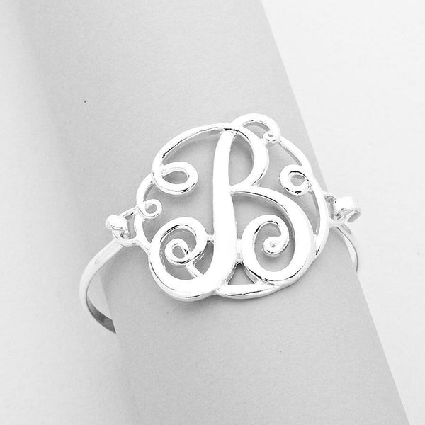 Monogram Bracelet Hinge Bangle Initial Curlique Script Letters 1.75" SILVER GOLD - PalmTreeSky