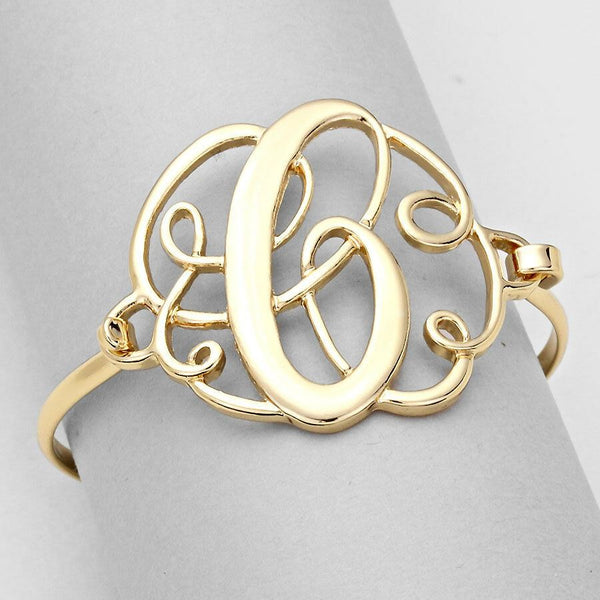 Monogram Bracelet Hinge Bangle Initial Curlique Script Letters 1.75" SILVER GOLD - PalmTreeSky