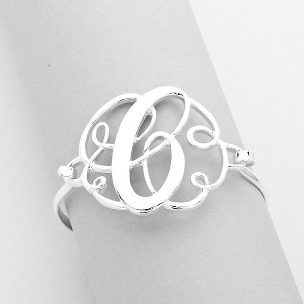 Monogram Bracelet Hinge Bangle Initial Curlique Script Letters 1.75" SILVER GOLD - PalmTreeSky