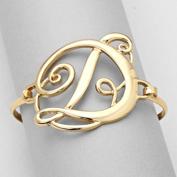 Monogram Bracelet Hinge Bangle Initial Curlique Script Letters 1.75" SILVER GOLD - PalmTreeSky