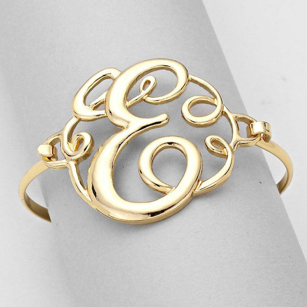 Monogram Bracelet Hinge Bangle Initial Curlique Script Letters 1.75" SILVER GOLD - PalmTreeSky