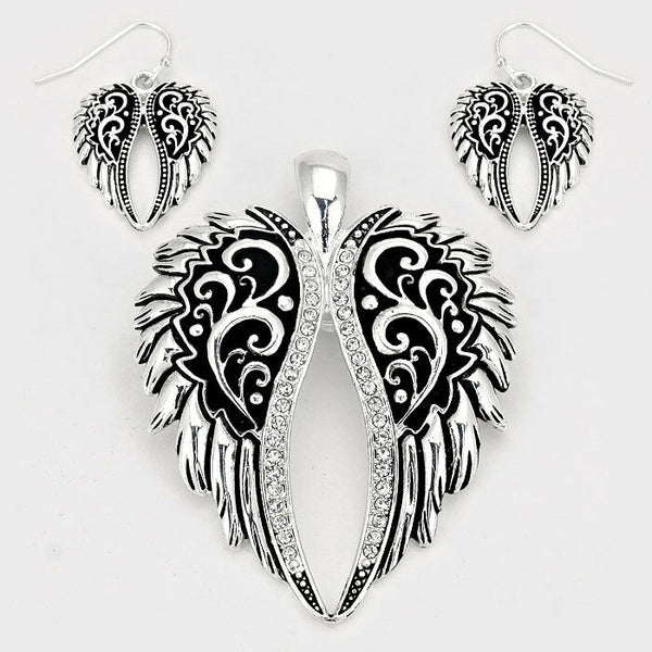 Angel Wings Pendant Earrings SET Metal Pave Rhinestone Edge SILVER Jewelry - PalmTreeSky