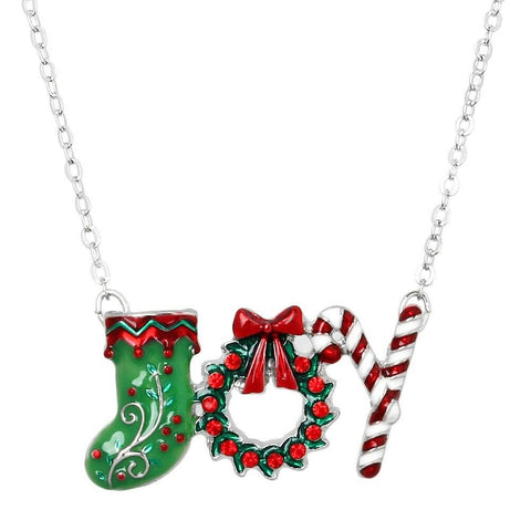 Joy Necklace Christmas Charm Letters Wreath Stocking Candy Cane Silver Red Green - PalmTreeSky