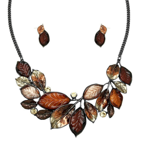 Leaf Necklace Set Chunky Pendant Statement Floral Ivy Rhinestone Painted BROWN - PalmTreeSky