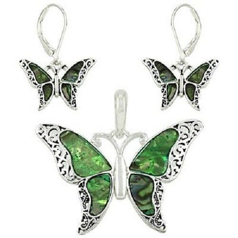 Butterfly Pendant Earrings Leverback SET Metal ABALONE SHELL SILVER Jewelry - PalmTreeSky