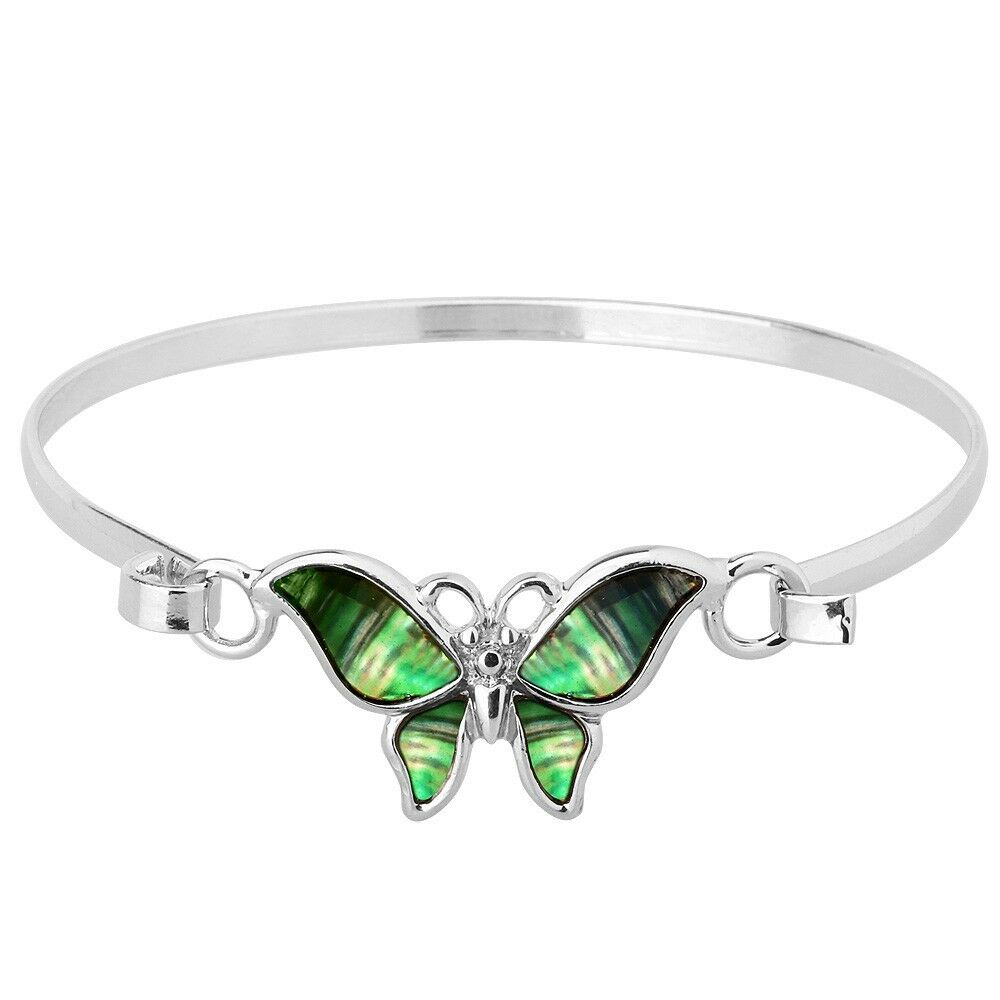 Butterfly Bracelet Thin Metal Hook Bangle Abalone Shell Sea Life Jewelry SILVER - PalmTreeSky