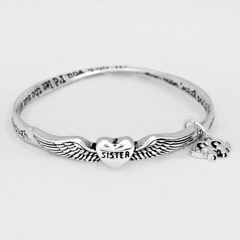 Sister Bracelet Heart Angel Wings SILVER Love Care Inspirational Message Friend - PalmTreeSky