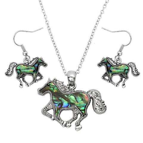 Horse Necklace Abalone Shell Marcasite Chunky Pendant Pave Rhinestone SILVER - PalmTreeSky