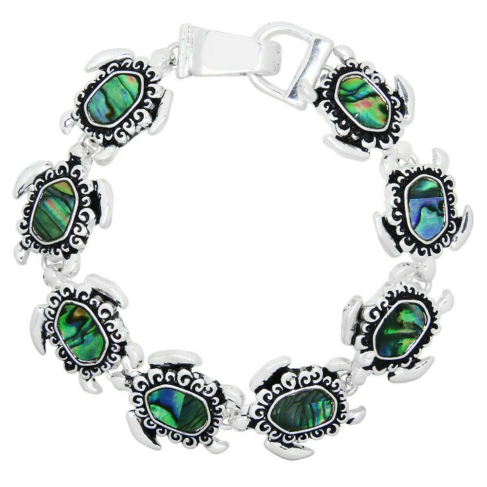 Turtle Bracelet Magnetic Clasp Bangle Floral Filigree Sea SILVER ABALONE SHELL - PalmTreeSky