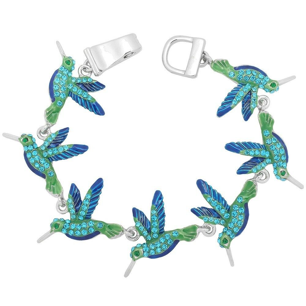 Hummingbird Bracelet Magnetic Clasp Bangle Pave Rhinestone Nature SILVER BLUE - PalmTreeSky