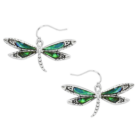 Dragonfly Earrings Abalone Shell Filigree Metal Drop Dangle SILVER Bug Jewelry - PalmTreeSky