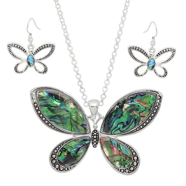 Butterfly Pendant Earrings SET Chain SILVER ABALONE SHELL Bead Metal Jewelry - PalmTreeSky