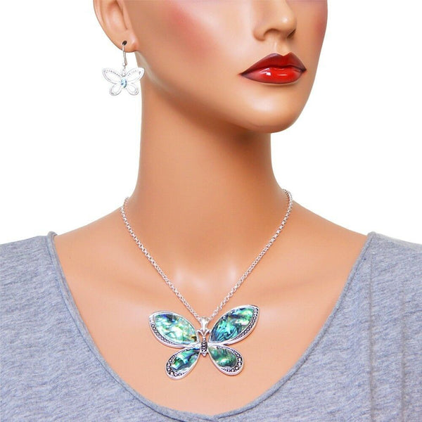 Butterfly Pendant Earrings SET Chain SILVER ABALONE SHELL Bead Metal Jewelry - PalmTreeSky