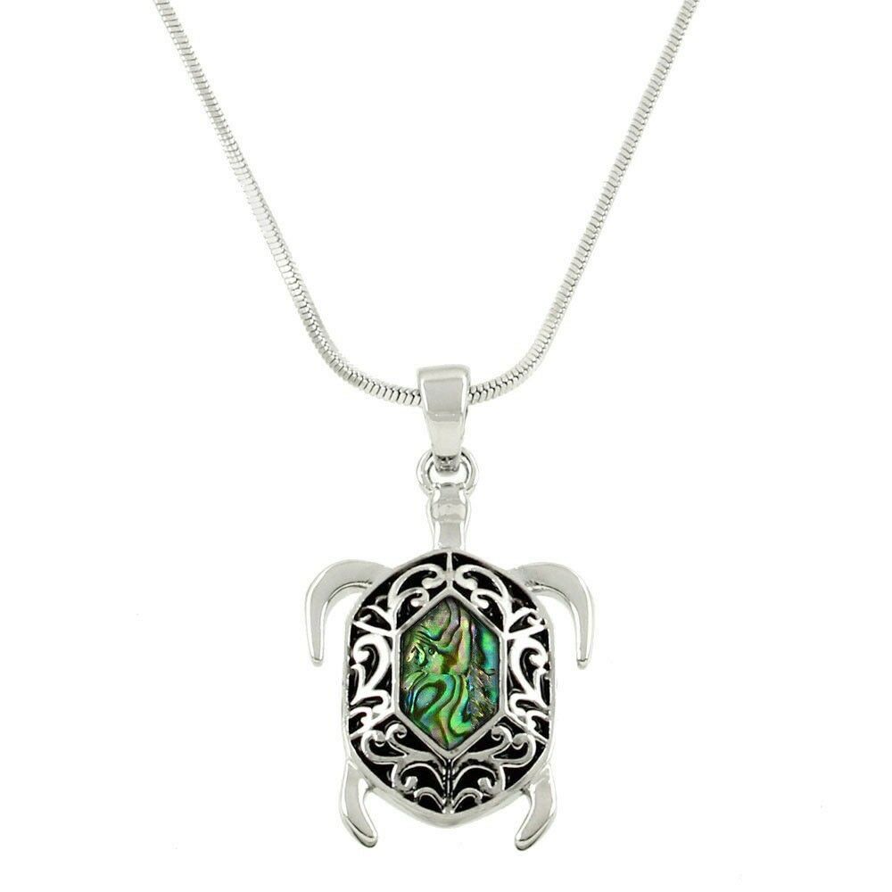 Turtle Necklace Pendant Charm Filigree Sea Life ABALONE SHELL SILVER Jewelry - PalmTreeSky