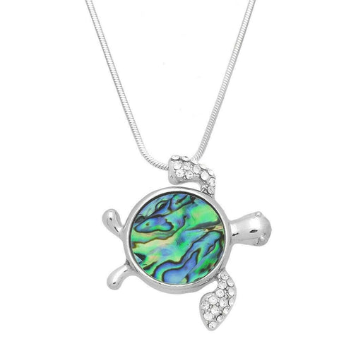 Turtle Necklace Rhinestone Crystal Swim Sea Life Beach Sand SILVER ABALONE SHELL - PalmTreeSky