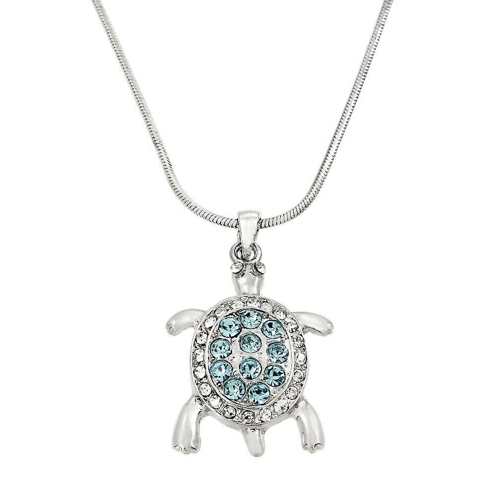 Turtle Necklace Small Filigree Charm Pendant Sea Turtle Pave Crystal SILVER TURQ - PalmTreeSky