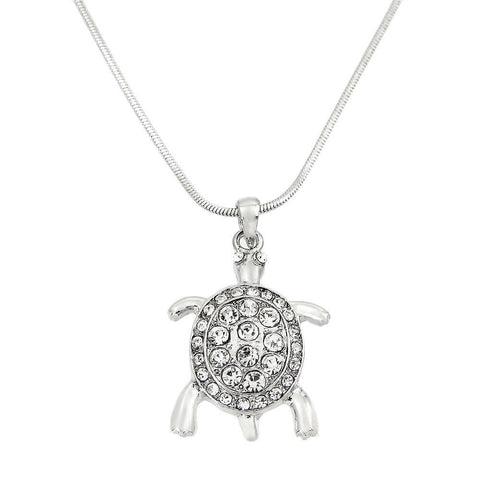 Turtle Necklace Small Filigree Charm Pendant Sea Turtle Pave Crystal SILVER CLR - PalmTreeSky