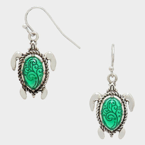 Turtle Earrings Beach Sea Life Lobster Shell Fish Swirl SILVER GREEN 1.25"Drop - PalmTreeSky