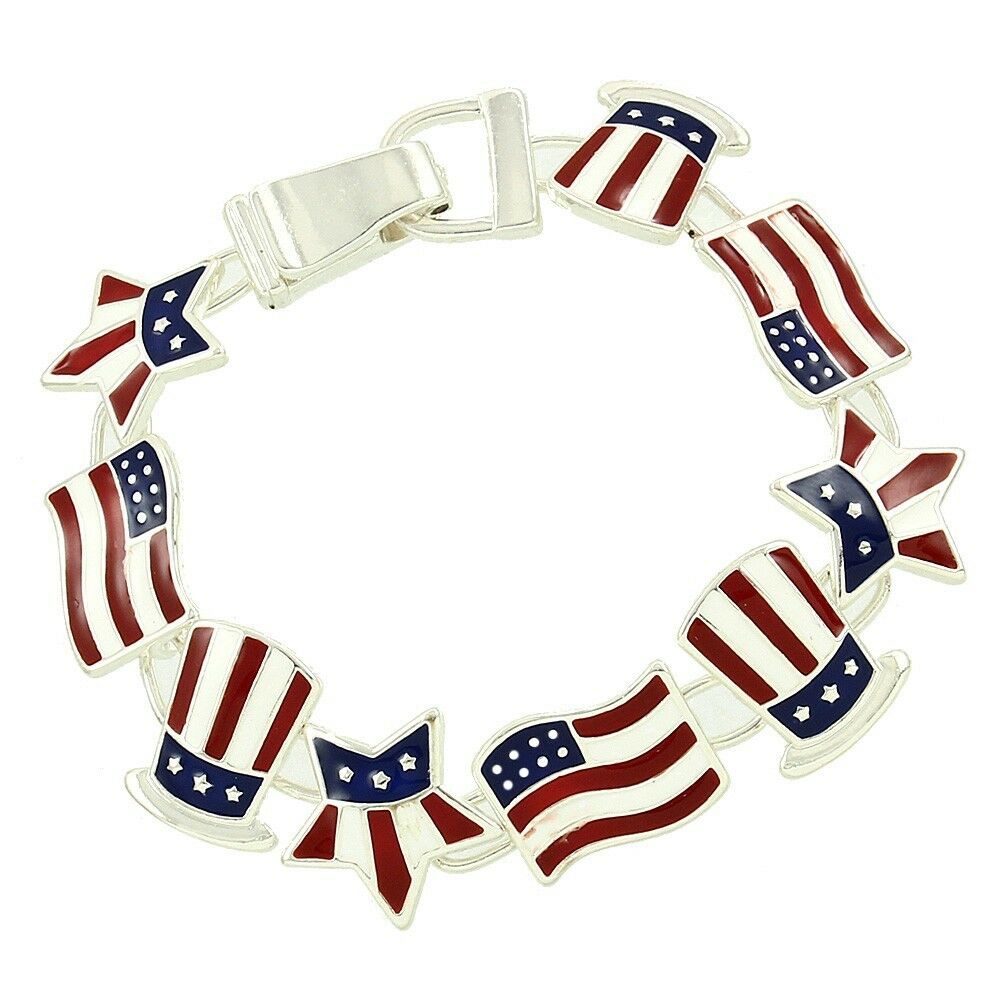 USA Bracelet Magnetic Clasp Metal Link Patriotic Flag Stars Stripes SILVER Gift - PalmTreeSky