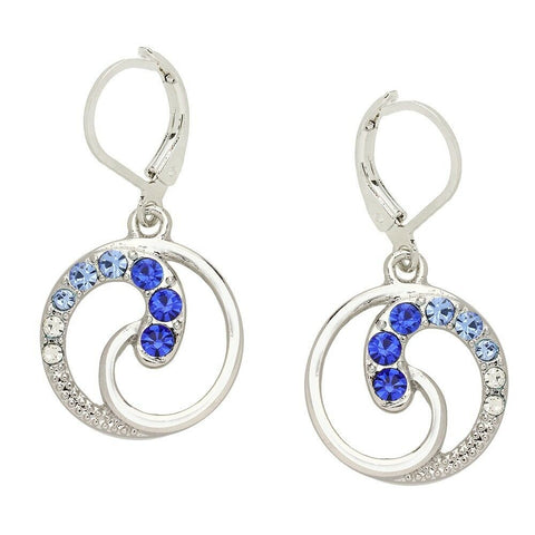 Wave Earrings Swirl Circle Pave Rhinestone SILVER BLUE Drop Leverback Surfer - PalmTreeSky