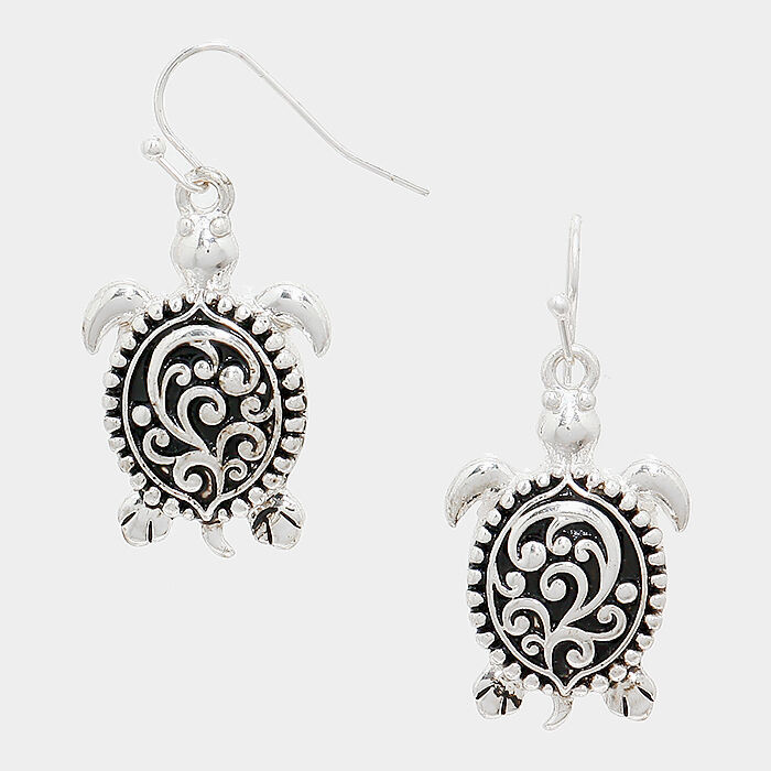 Turtle Earrings Textured Filigree Metal SILVER 1.5" Drop Sea Life Beach Jewelry - PalmTreeSky