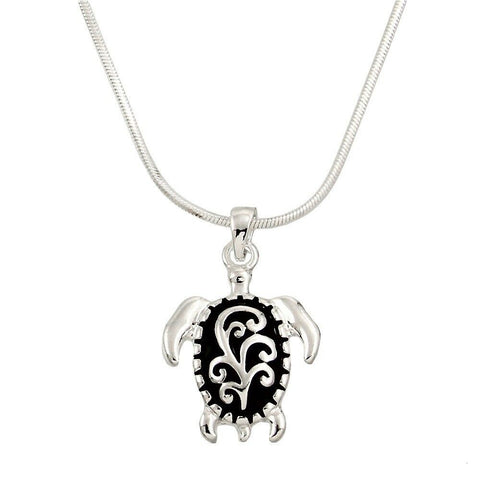 Turtle Necklace Small Filigree Charm Pendant Sea Turtle Plain Chain SILVER Beach - PalmTreeSky