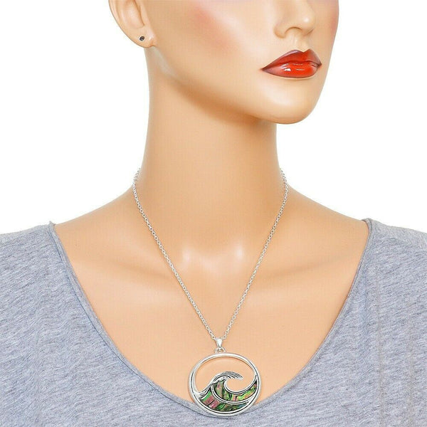 Wave Necklace Abalone Shell Ocean Water Beach Surfer Nautical Sea Life SILVER - PalmTreeSky