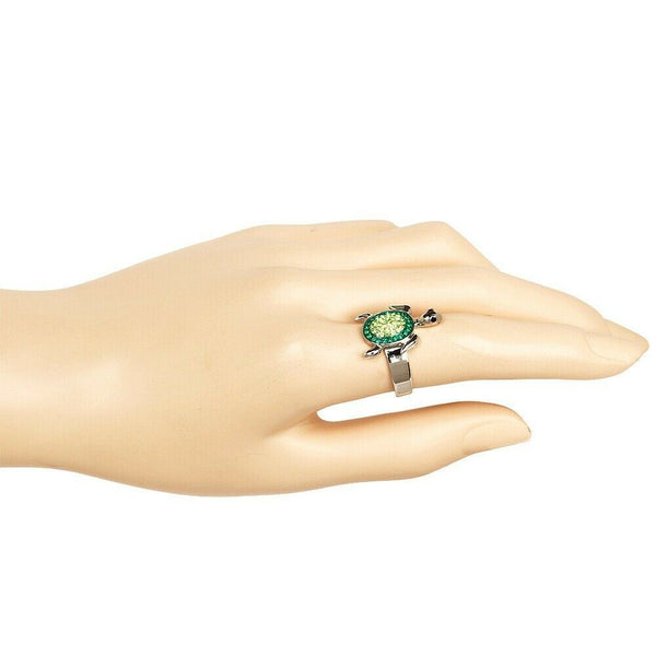 Turtle Ring Sea Shell Sand Pave Rhinestone Adjustable Band SILVER GREEN Jewelry - PalmTreeSky