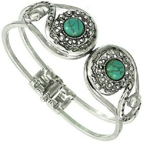 Turquoise Bracelet Hinge Bangle Double Metal Bar Swirl 7/8" Wide Boho SILVER - PalmTreeSky