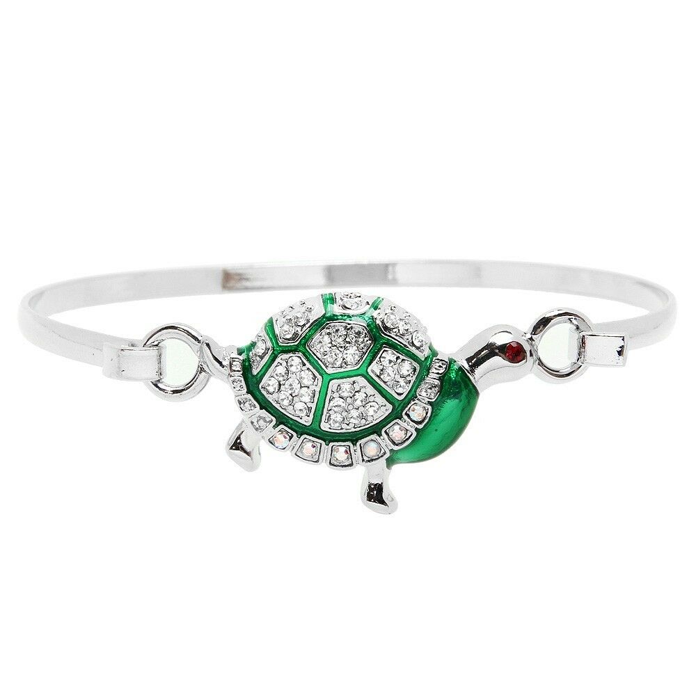 Turtle Bracelet Hinge Bangle Pave Rhinestone SILVER Green Surf Sea Life Jewelry - PalmTreeSky