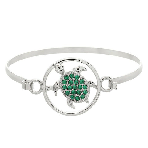 Turtle Bracelet Hook Bangle Circle Pave Rhinestone Charm SILVER GREEN Surf Sand - PalmTreeSky