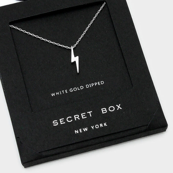 Thunderbolt Necklace Tiny Secret Gift Box WHITE GOLD DIPPED Lightening Pendant - PalmTreeSky