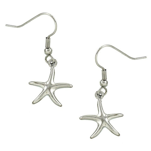 Starfish Earrings Sea Life Beach Surf Plain Metal Drop Dangle SILVER 1cm Jewelry - PalmTreeSky