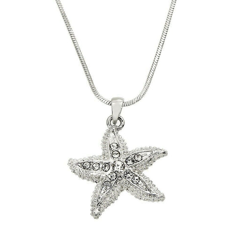 Starfish Necklace Pave Rhinestone Pendant Swirl Textured Sea SILVER CLR Jewelry - PalmTreeSky