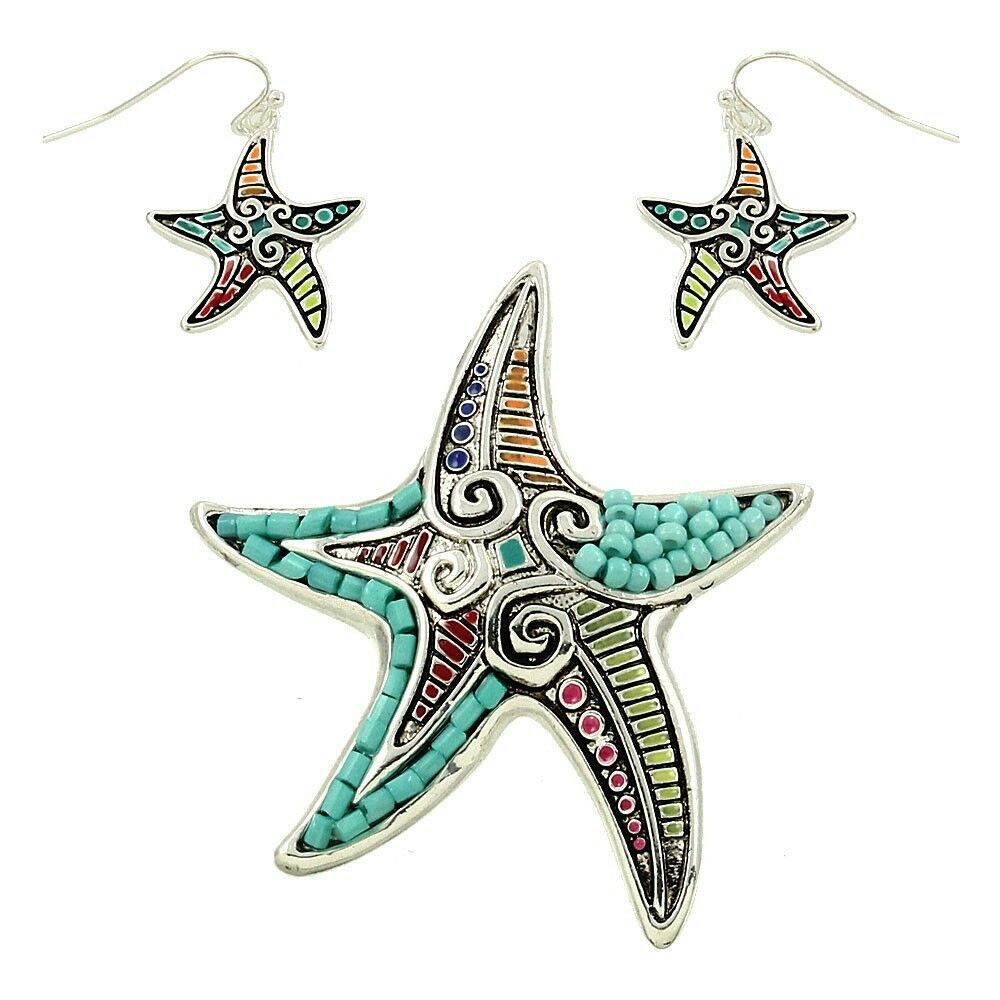 Starfish Pendant Earrings TURQUOISE Beaded SILVER Funky SeaLife Beach Jewelry - PalmTreeSky