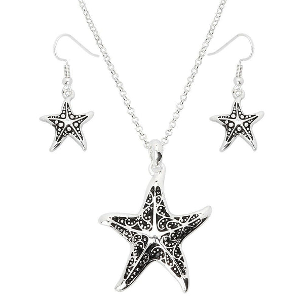 Starfish Necklace SET Printed Metal Pendant Swirly Sea Life Beach Classic SILVER - PalmTreeSky