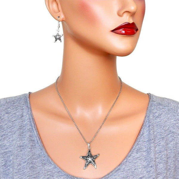 Starfish Necklace SET Printed Metal Pendant Swirly Sea Life Beach Classic SILVER - PalmTreeSky