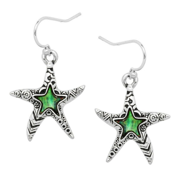 Starfish Earrings Abalone Shell Textured Metal Swirl SILVER Drop Dangle 22mm Sea - PalmTreeSky