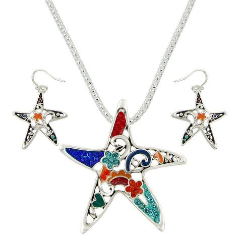 Starfish Necklace SET Beaded Pave Crystals Metal SILVER MULTI Beach Sea Life - PalmTreeSky