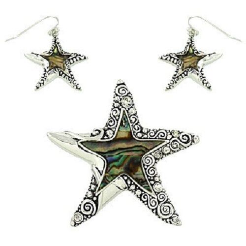 Starfish Pendant Earrings Swirly Design SILVER BLACK Abalone Shell Surf Jewelry - PalmTreeSky