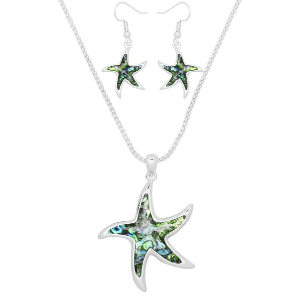 Starfish Necklace Earrings SET Long Chain Sea Life ABALONE SHELL SILVER Jewelry - PalmTreeSky