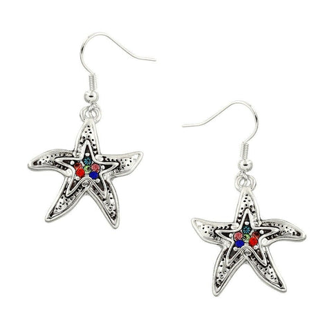 Starfish Earrings Multi Rhinestones Drop Dangle Textured Metal SILVER Sea Life - PalmTreeSky